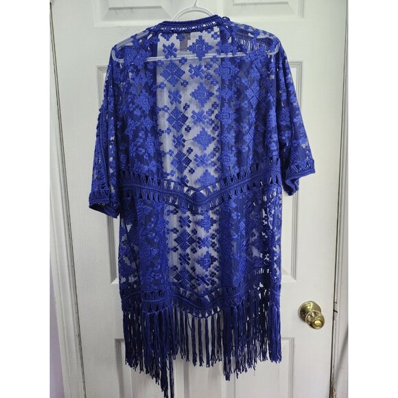 Chico’s Royal Blue Embroidered Fringe open front Cardigan Sz 2 Large - Picture 2 of 7